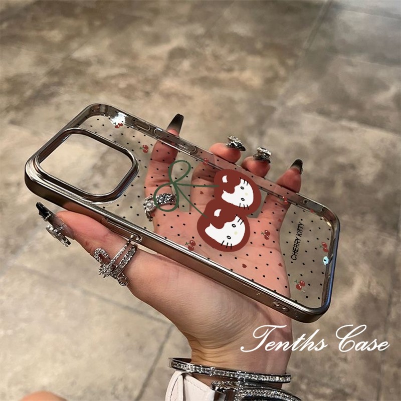 เข้ากันได้สําหรับiphone 15 14 13 12 11 Pro Max Plus X XR Xs Max 7 8 Kitty Cherry Minimalistเงินชุบเคสโทรศัพท์ปกอ่อน
