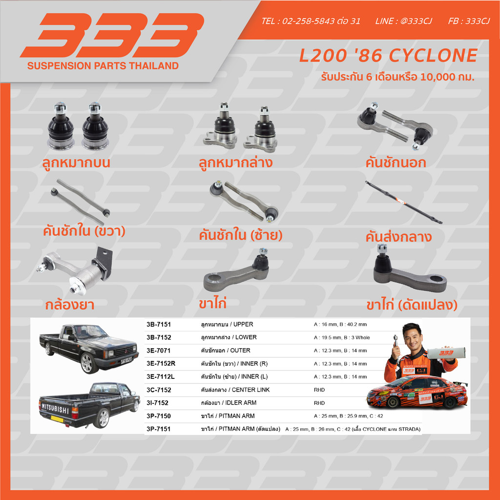 ลูกหมากช่วงล่างครบชุด 333 - Mitsubishi L200 CYCLONE ปี 1986, (1 กล่อง 2 ตัว)