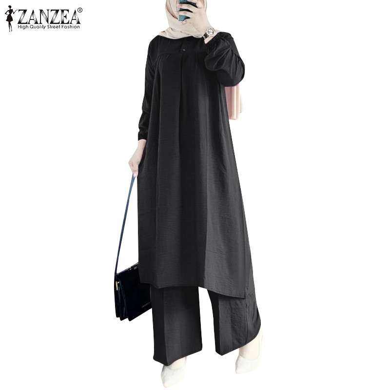 ZANZEA ซานเซีย ผู้หญิงมุสลิมลําลองแขนยาวสีธรรมดาลูกเรือคอข้อเท้าความยาวชุด
