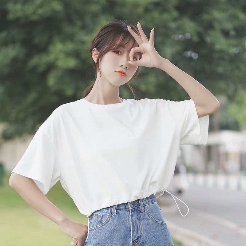 คอกลมแขนสั้นเสื้อยืดผู้หญิงเอวสูงเผยสะดือสีทึบเสื้อตัวบนของฉันฉัน qzk8