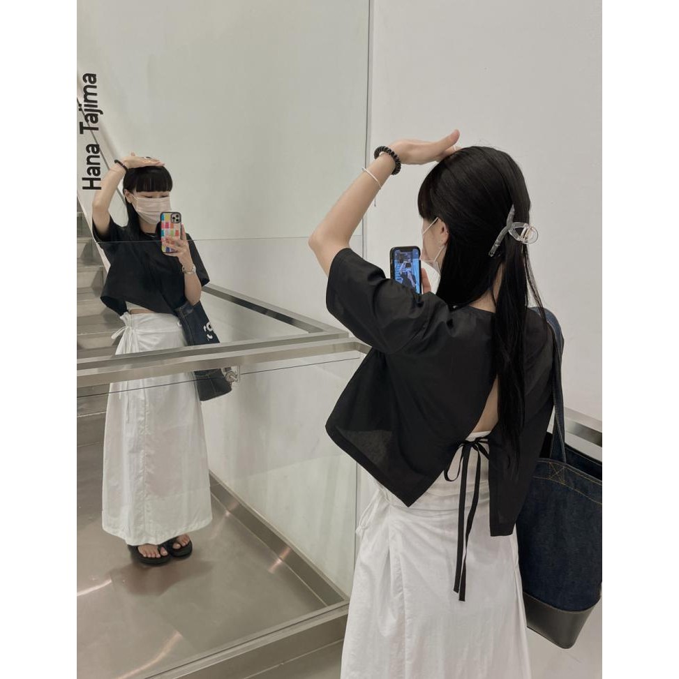 MIMI&DIDI#เสื้อแขนสั้น เสื้อครอป แฟชั่น มีสายด้านหลัง ดีไซน์ผูกเชือกที่ด้านหลัง หวานและน่ารัก ฤดูร้อนสไตล์เกาหลี#W447