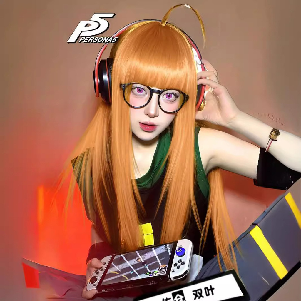 วิกผมยาวตรงสีส้มPersona P5R Yujie Style สำหรับcosplay แบบเต็มหมวกพร้อมAir Bangs