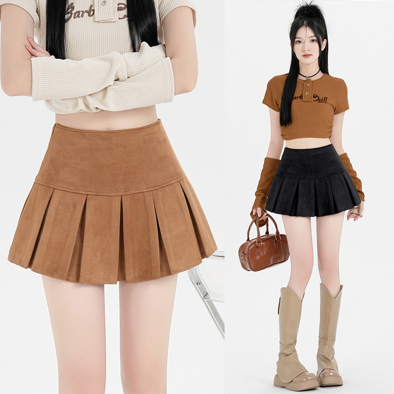 Suxi แฟชั่นฤดูใบไม้ร่วงใหม่สีทึบสบายๆ Retro เอวสูงผู้หญิง A-line กระโปรงสั้นจีบ 240902