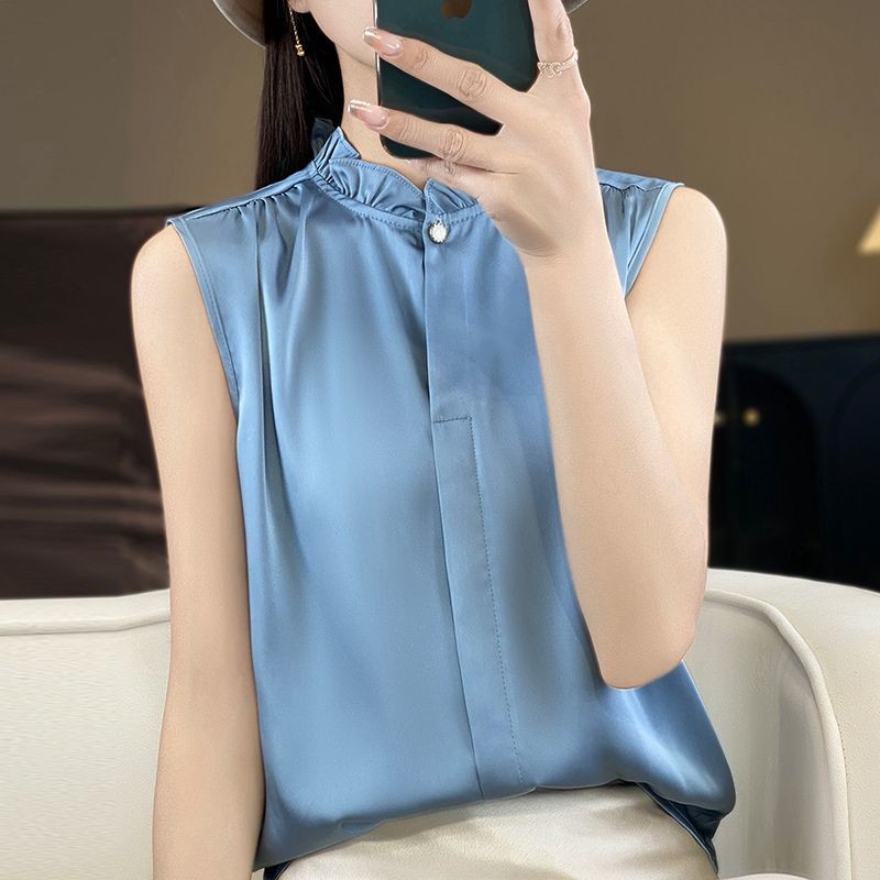 เสื้อเบลาส์แขนกุดปกบัวสีทึบสไตล์ฝรั่งเศส เสื้อเบลาส์แฟชั่นที่เรียบง่าย ฤดูร้อน ความสะดวกสบาย สูงสุด