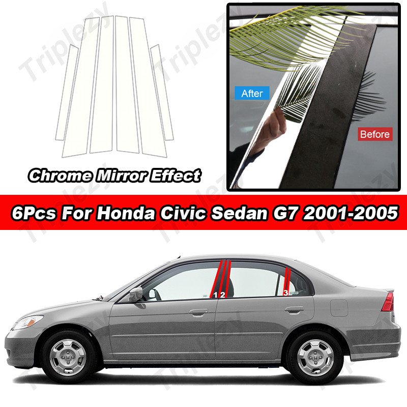 6 ชิ้น Chrome Center BC เสาโพสต์สําหรับ Honda Civic Sedan G7 2001 2002 2003 2004 2005 รถอุปกรณ์เสริมประตูหน้าต่างคอลัมน์ฝาครอบ Trim PC วัสดุกระจกสติกเกอร์