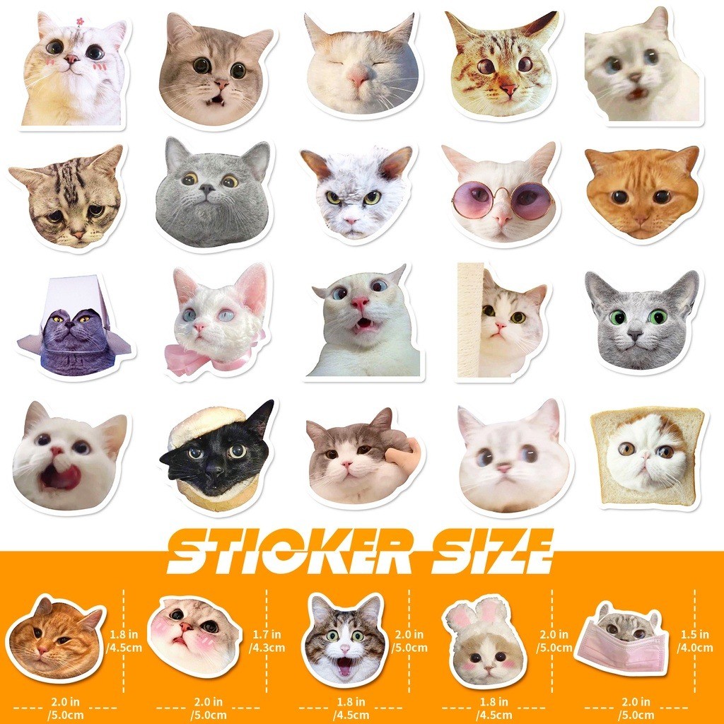 Y&P| ชุดสติ๊กเกอร์ Cat Meme Emoji ชุดสติ๊กเกอร์กราฟิตี้กันน้ำลายการ์ตูน, 50 แผ่น/ชุด