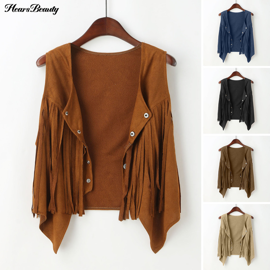 Hew-women Vest Western Fringe พู่คาร์ดิแกนแขนกุดกระดุมแถวเดียว V คอสีทึบสั้น