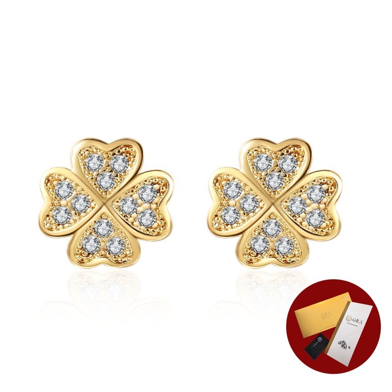 (พร้อมใบรับรอง Gra) ต่างหูโคลเวอร์สี่ใบทอง 18K Simple Heart-Shaped White Diamond ต่างหู