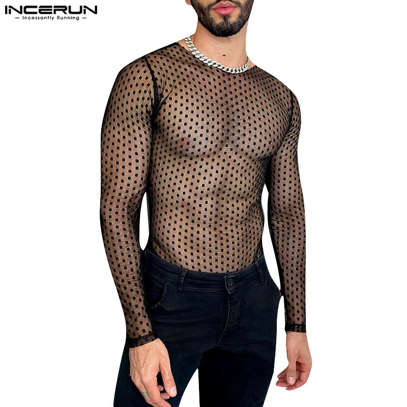 Incerun เสื้อยืดแขนยาวลายจุดลําลองสําหรับบุรุษวินเทจ