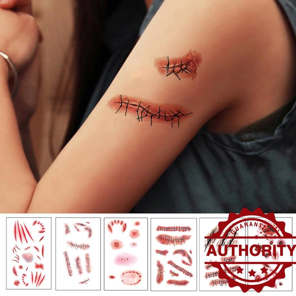 ฮาโลวีน Bloody Wound Tattoo สติกเกอร์ Trick น่ากลัวกันน้ํา Tattoo Diy ปลอมฮาโลวีน P1o5