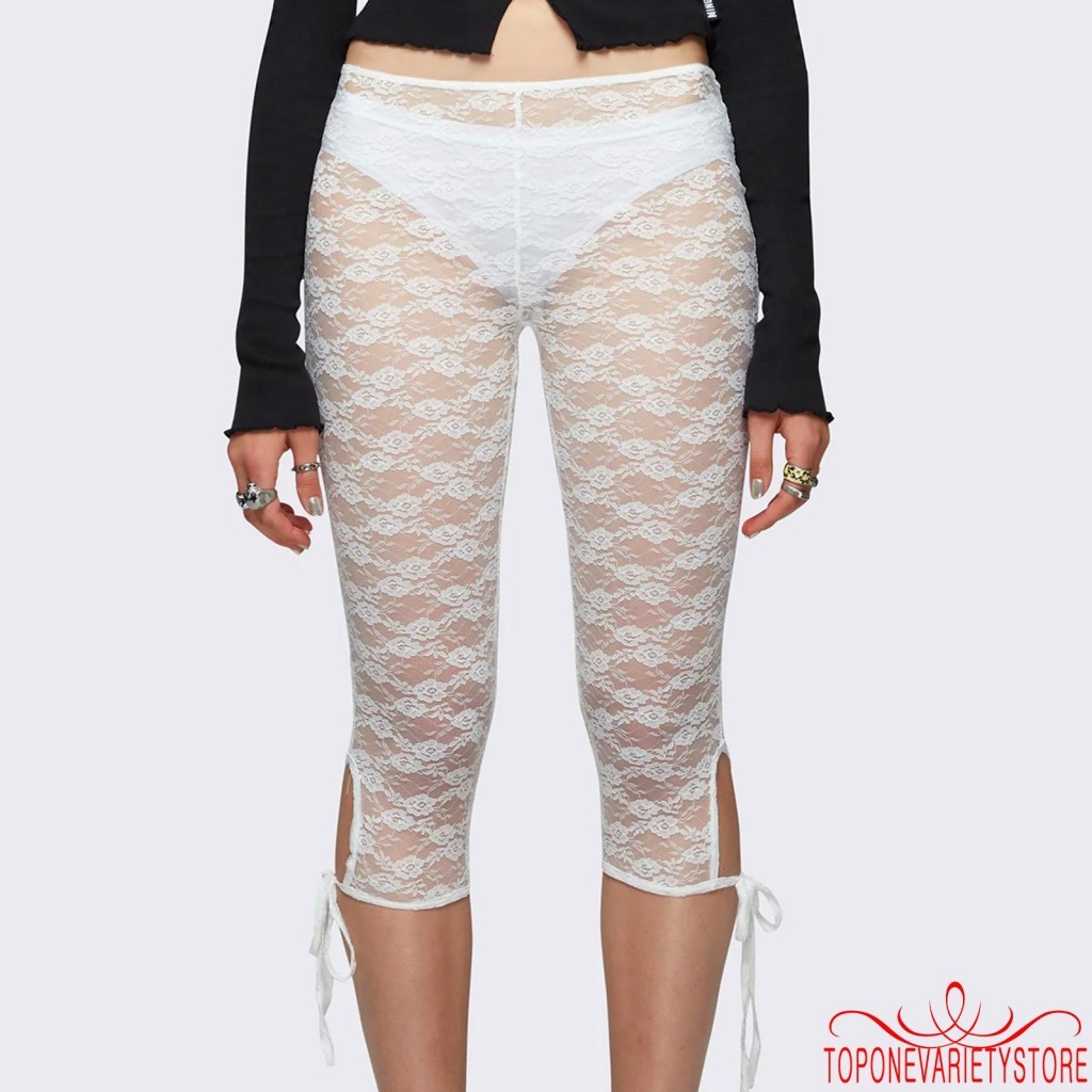 Topone-women Lace Capri Pants Casual Bandage Cutout See-Through Elastic Pants