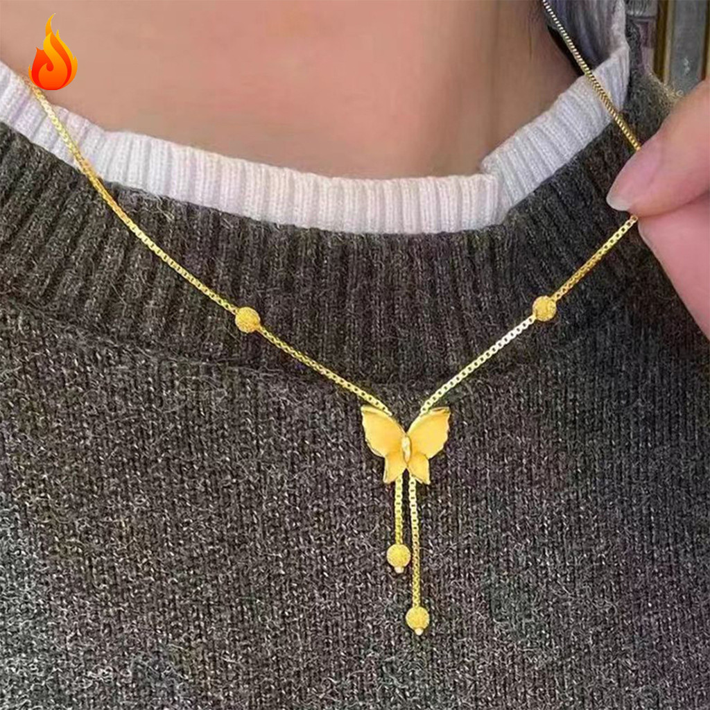 [LQZ]สร้อยข้อมือสร้อยคอจี้ผีเสื้อสีทองสําหรับผู้หญิงเจ้าสาว 45 ซม.โซ่สร้อยข้อมือชุดเครื่องประดับ Fine YK