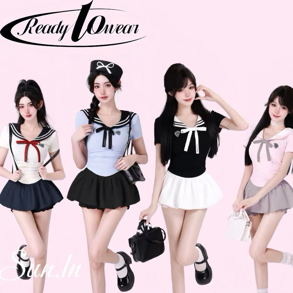 SUN พร้อมส่ง เสื้อเชิ้ตแขนสั้นผู้หญิงคอปกสีกรมท่า jk สไตล์วิทยาลัย เสื้อเอวลอยสาวหวานสุดฮอต เก๋ไก๋และสวยงาม