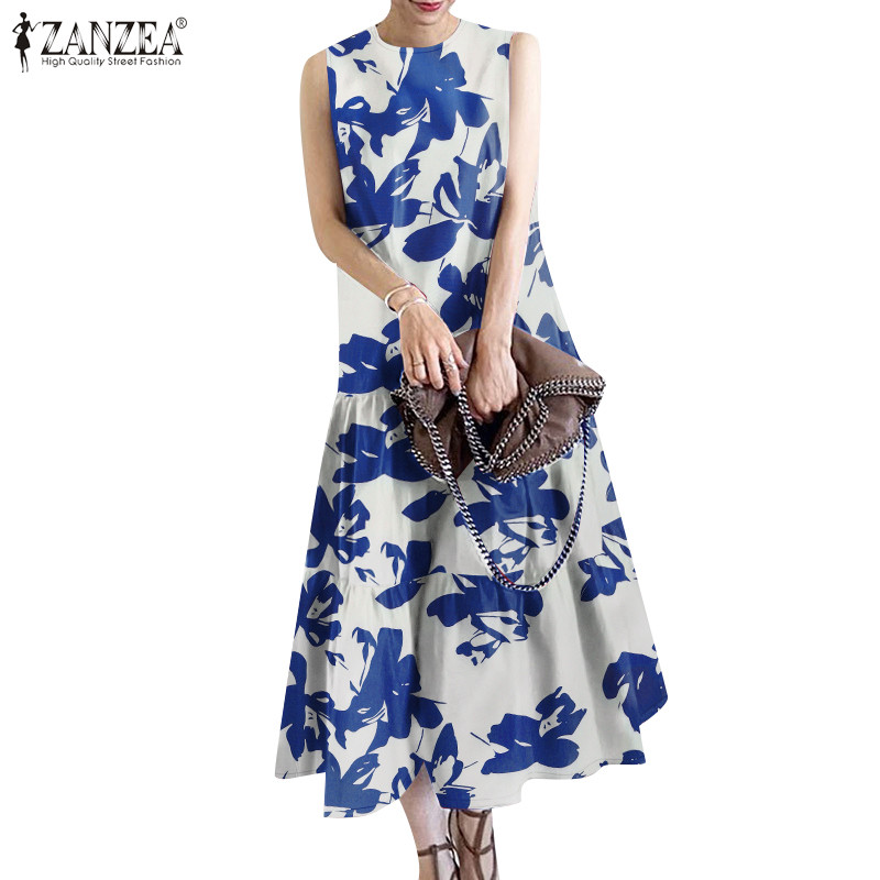 ZANZEA ซานเซีย ผู้หญิงเกาหลีลําลองรอบคอพิมพ์ไม่มีกระเป๋าชุดเดรสแขนกุด