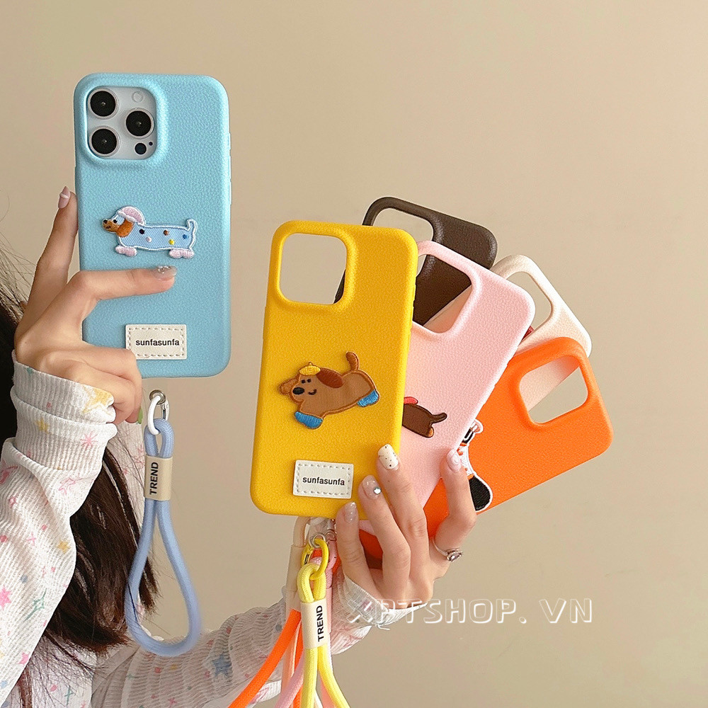 ปักสุนัข + Lanyard หนังเคสโทรศัพท์สําหรับ iPhone 17 Pro Max 16 15 14 13 12 11ProMax ครอบคลุมเต็มรูปแบบกันกระแทกป้องกันปลอกอ่อน