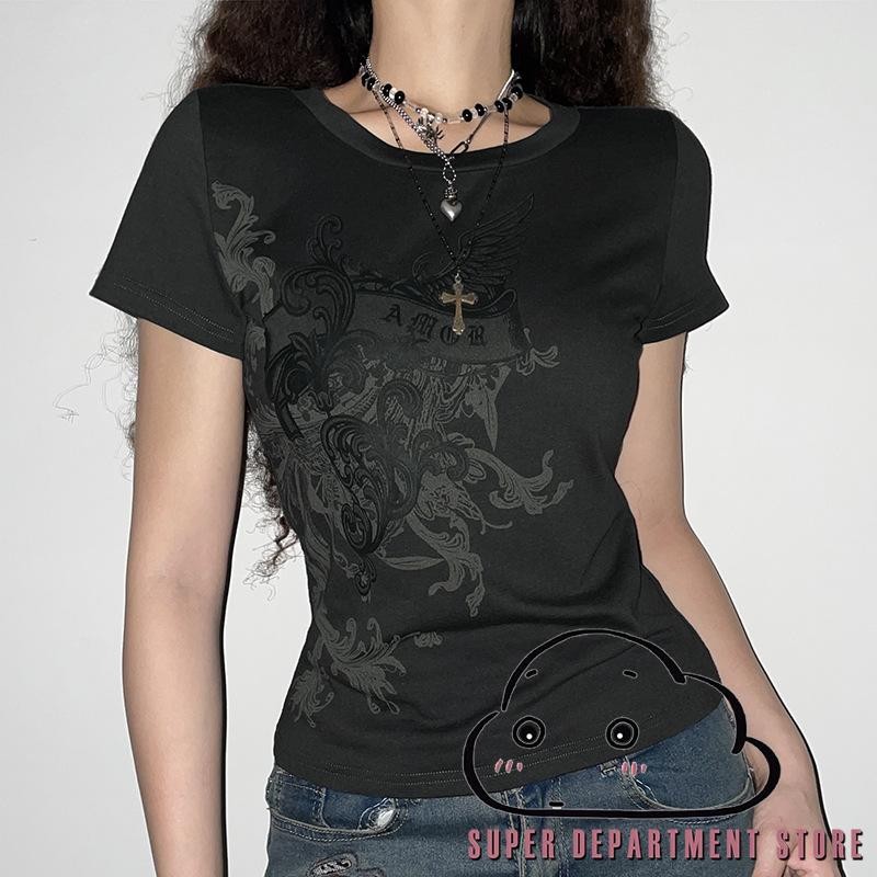Super-ผู้หญิงแขนสั้น Goth เสื้อยืด Slim-fit Contrast สีดอกไม้พิมพ์รอบคอ Pullovers