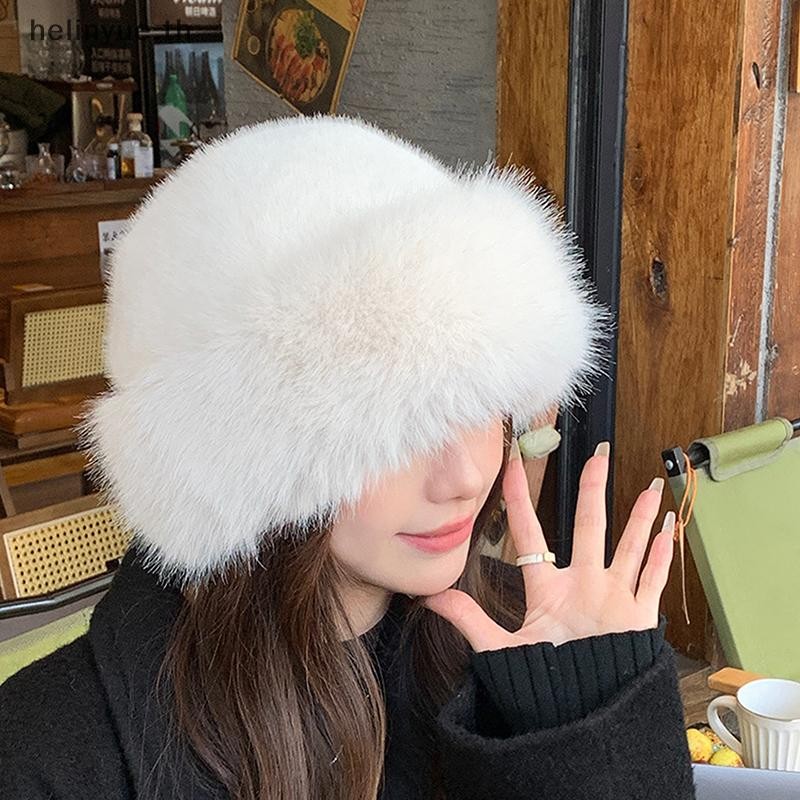 Helinyue Fluffy Faux Fur หมวกสําหรับผู้หญิง Plush หมวกชาวประมงหมวกฤดูหนาว Warm Thicken เย็น Snowy Day หมวกปานามา TH