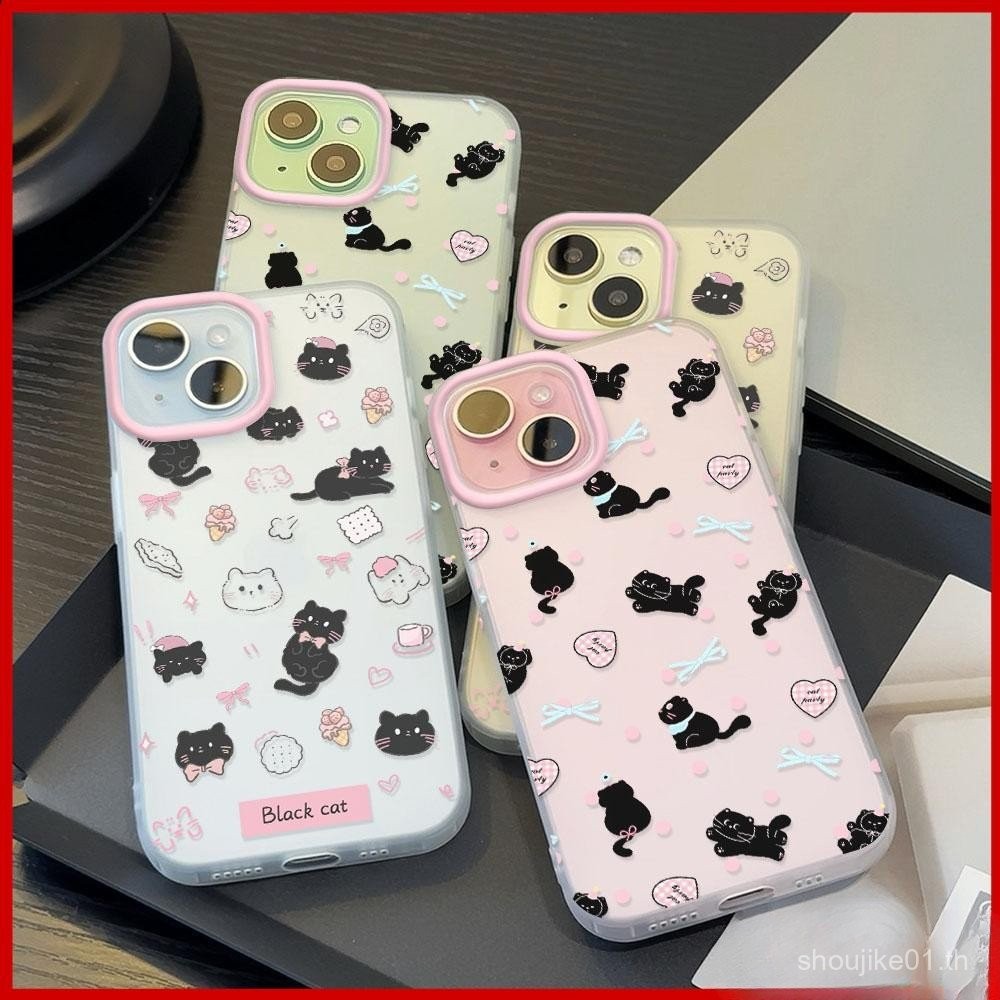 Movin-ลายนิ้วมือฝาหลังโปร่งใสสำหรับ iphone15 11 PRO MAX iPhone TPU แมวดำน่ารักและโบว์สีชมพูเข้ากันได้กับ iphone14 13 12 PRO MAX XS XR 7 8 PLUS