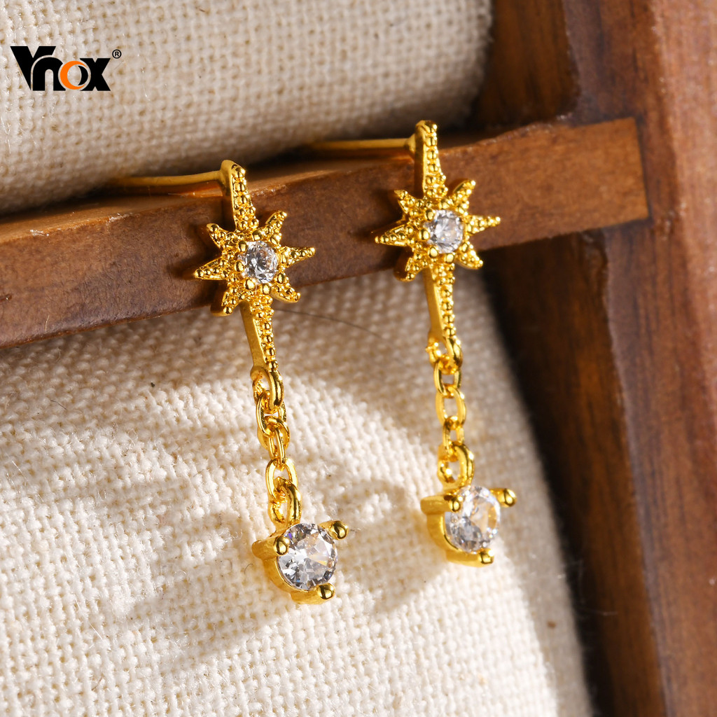 Vnox Star Moon Sun พู่ต่างหูผู้หญิงสาว,18K Gold Cubic Zirconia ต่างหูโซ่,เครื่องประดับเจาะ