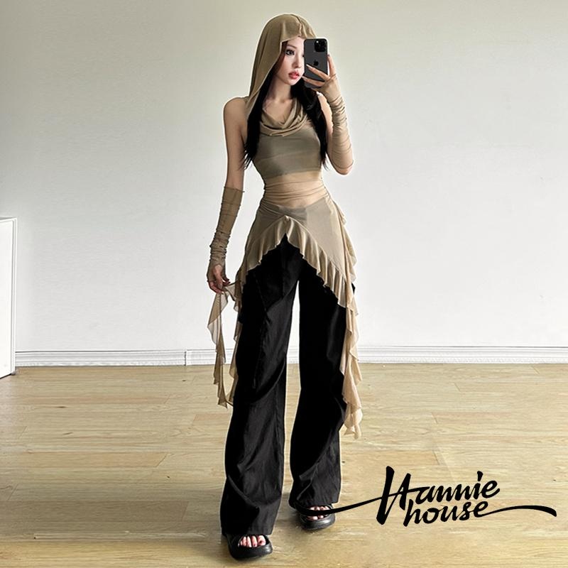 Hanie House- เสื้อกล้ามมีฮู้ดแขนกุดตาข่ายไม่สมมาตรของผู้หญิงพร้อมแขนเสื้อ