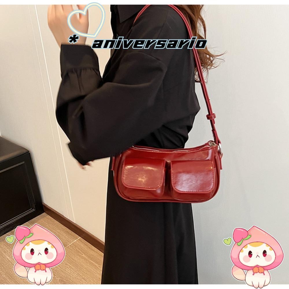 Aniversario Tote Bag, PU Leather High-capacity Shoulder Bag, Elegant Zipper Solid Color Square Satchel Girls