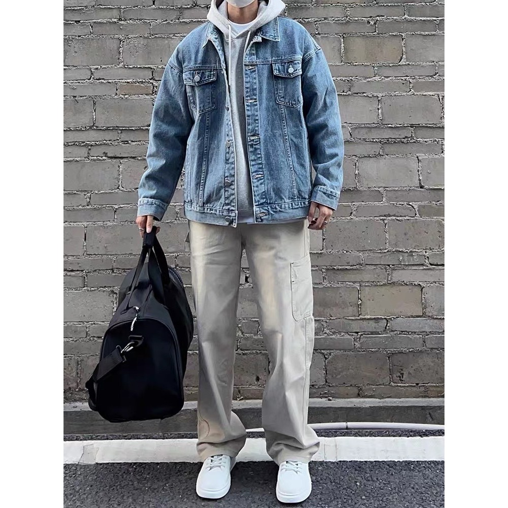 EERSHENSHI ผู้ชายวินเทจแจ็คเก็ตยีนส์ใหม่หลวมสบายๆสไตล์เกาหลีอเนกประสงค์แขนยาวเสื้อโปโลคอปก