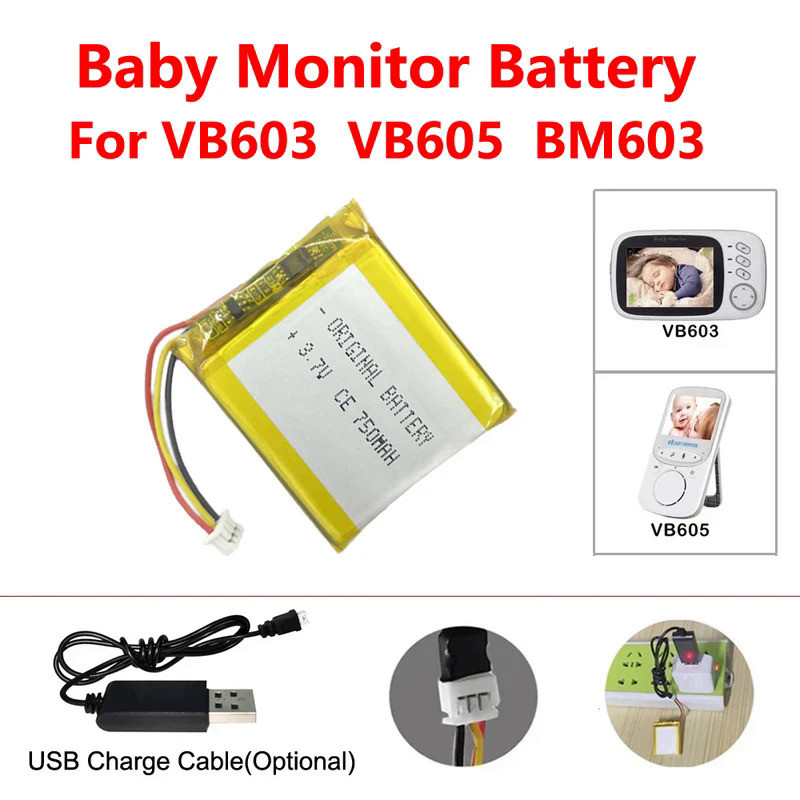 VB603 Baby Monitor Battery VB605 VB603 Battery ,3.7V 750mAh Replacement Battery USB Charger for Vide