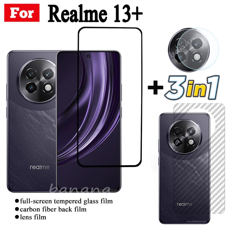 Realme 13 ฟิล์มกระจกนิรภัยคลุมเต็มจอ 3-in-1 พร้อมฟิล์มเลนส์กล้องและฟิล์มด้านหลัง สําหรับ Realme 13 5G / Realme 12 5G