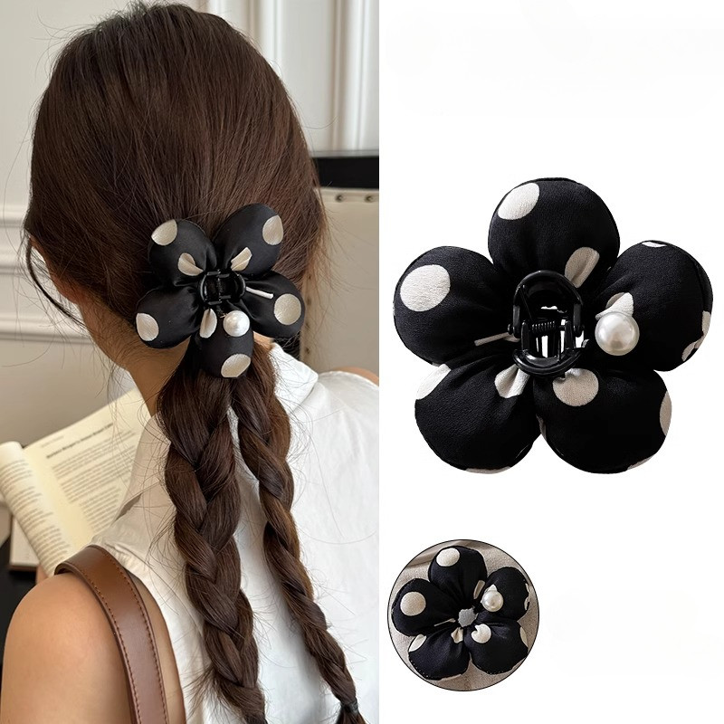 สีดําและสีขาวลายจุดดอกไม้สไตล์อเนกประสงค์กิ๊บติดผมหางม้าต่ําด้านหลังศีรษะ