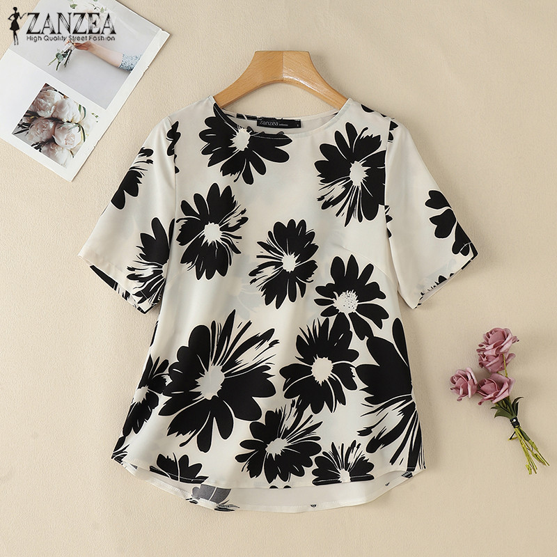 ZANZEA ซานเซีย ผู้หญิงเกาหลีลําลองพิมพ์ลูกเรือคอดอกไม้3/4แขนเสื้อ
