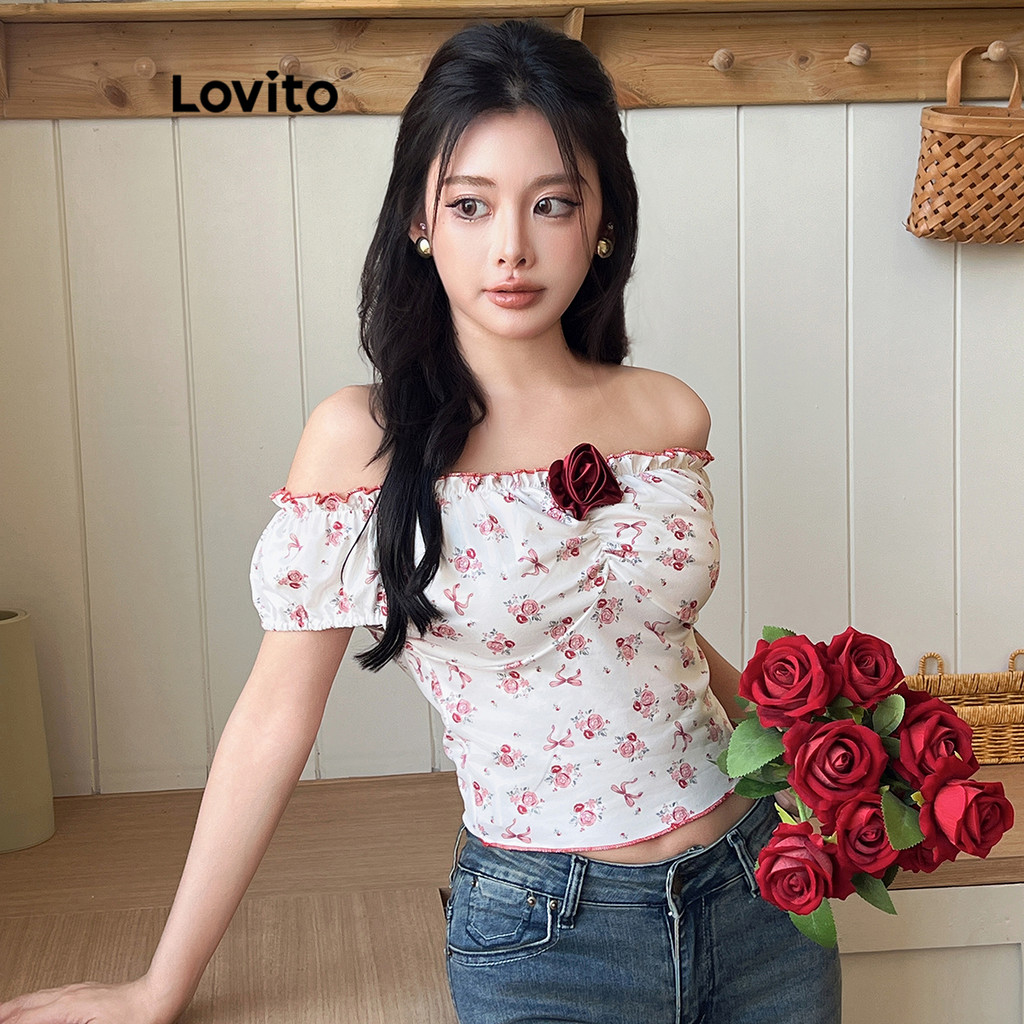 Lovito เสื้อยืด Floral สีบล็อกลายเดซี่น่ารักน่ารักสำหรับผู้หญิง L104ED814