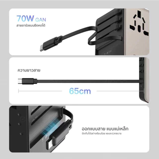 [ส่งด่วน] Orsen by Eloop C22 หัวแปลงปลั๊กไฟ GaN 70W Universal Travel Adapter หัวชาร์จ มีสายในตัว Type C
