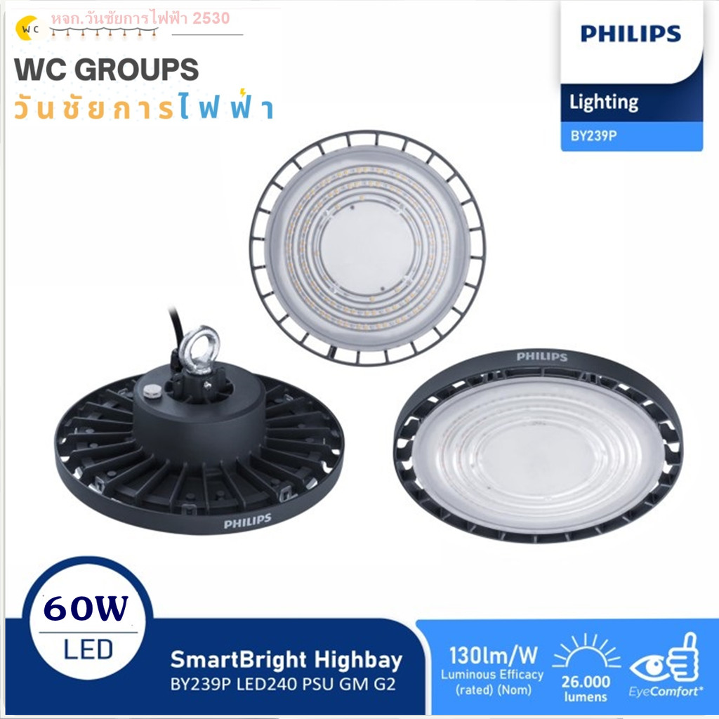 PHILIPS โคมไฟ ไฮเปย์ HIGHBAY 60W LED70 BY239 ฟิลิปส์ ประกันสินค้าร้านได้โดยตรง1 ปี BY239P LED70/CW แ