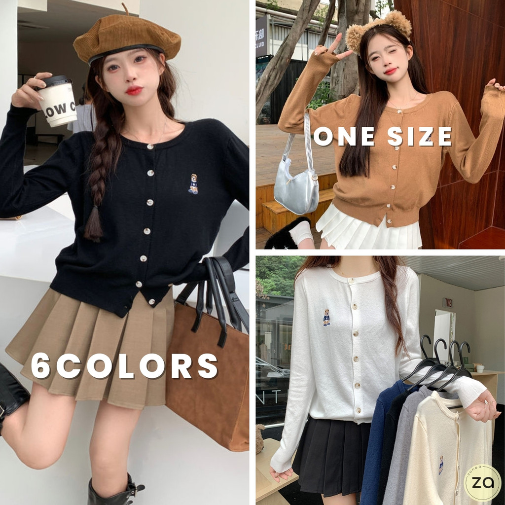HOT SALE เสื้อไหมพรมคาร์ดิแกน Cardigan ปักลายหมี คอกลมกระดุมหน้า มีหลายสีให้เลือก