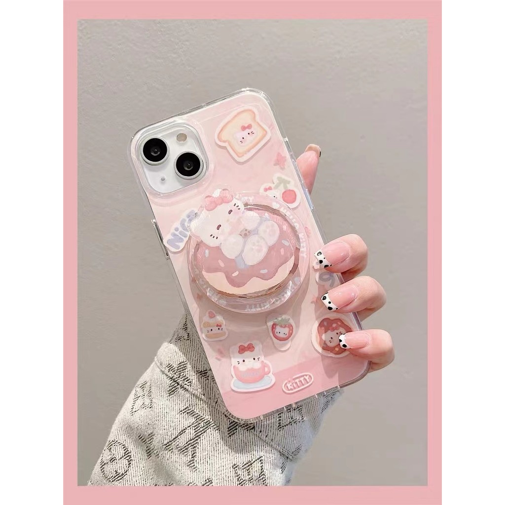 ใหม่สีชมพูโดนัท KT Cat ผู้ถือแม่เหล็กเคสโทรศัพท์ iPhone เหมาะสําหรับ Apple 14ProMax เคสโทรศัพท์ iPhone13/12 โปร่งใส 14pro/15/11 รวมทุกอย่างกันกระแทกเคสโทรศัพท์