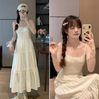 Betty house🌸พร้อมส่ง ชุดเดรสยาวผู้หญิง เดรสผู้หญิง ชุดน่ารัก สายเดี่ยวเซ็กซี่ เอวแคบ ดีไซน์จีบ สีเบจ
