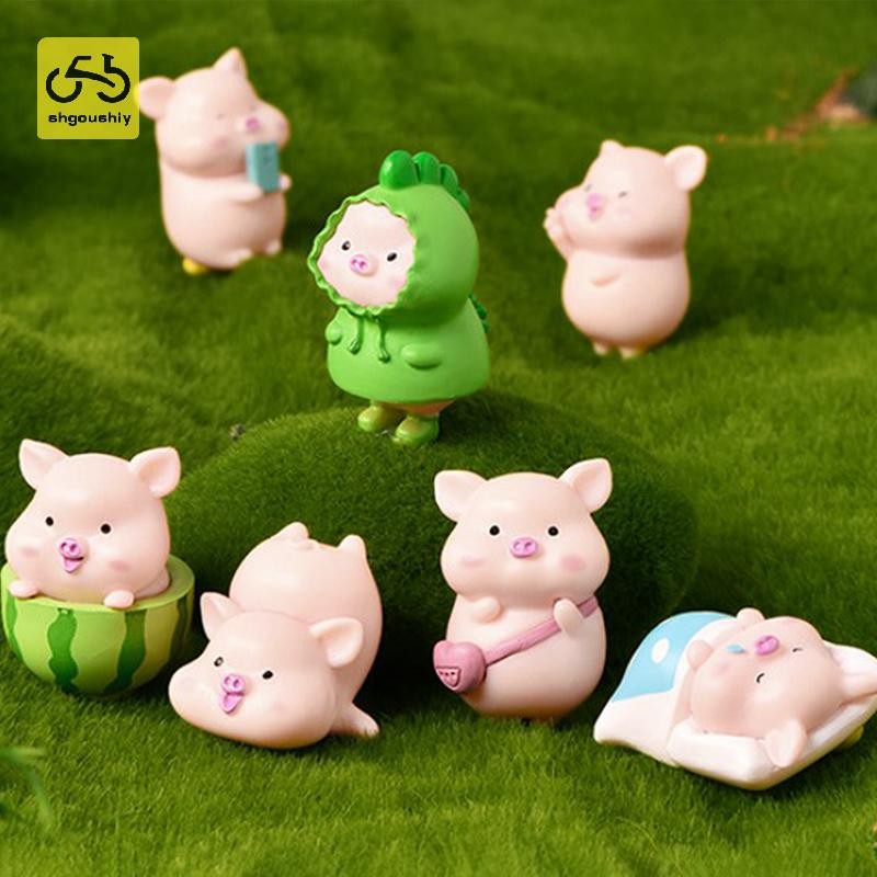 [Shgoushiy] 7 ชิ้น/เซ็ตการ์ตูนหมูสัตว์ตุ๊กตาของเล่นรุ่นรูปปั้นหุ่นเครื่องประดับ Miniatures TH