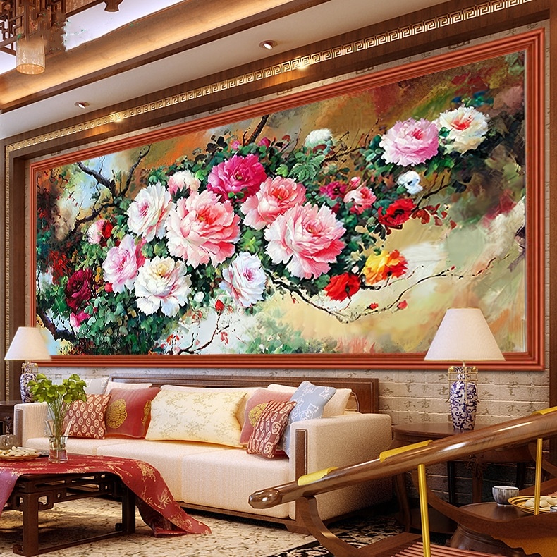 Diy ด้ายฝ้าย 11CT พิมพ์ความแม่นยําผ้าพิมพ์ภาพวาดสีน้ํามันที่มีสีสัน peony Cross-Stitch ห้องนั่งเล่นชุดปักครอสติสเย็บปักถักร้อยเต็มรูปแบบ