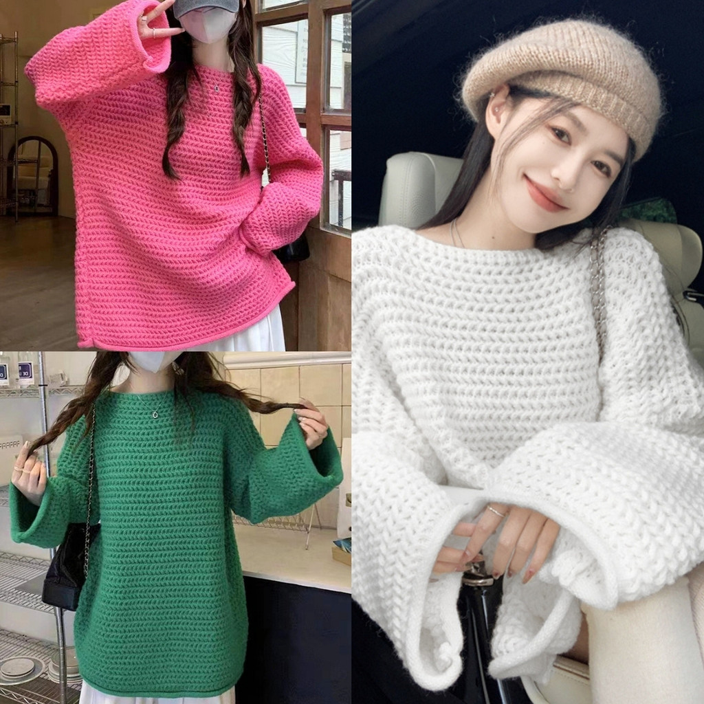 ราคาถูกที่สุด สเวตเตอร์แขนยาว ไหมพรมถักหนาอุ่น คอตรง ทรงใหญ่ 7 สี