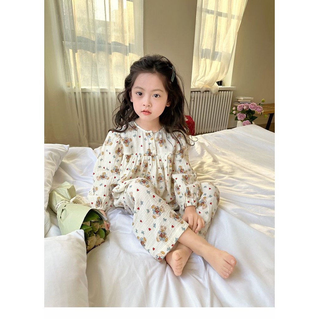 สาวแขนยาวชุดนอนชุดฤดูใบไม้ผลิฤดูใบไม้ร่วงแฟชั่นสไตล์ใหม่เวอร์ชั่นเกาหลีผ้าฝ้ายแท้นุ่มสบายระบายอากาศการ์ตูนหมีพิมพ์ ชุดลําลอง สอง-