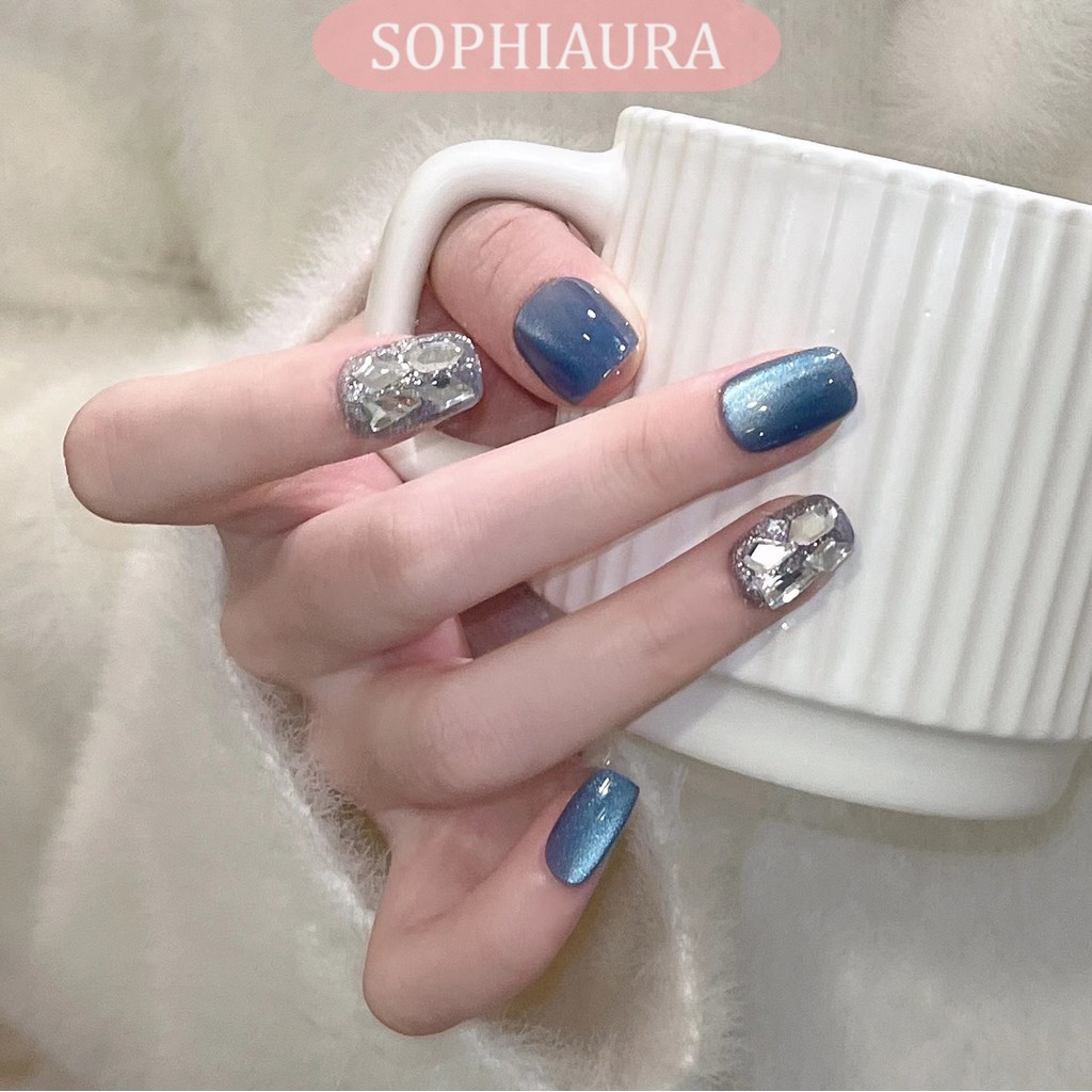 Sophiaura Ocean Blue Cat Eye เล็บปลอมสั้นทรงสี่เหลี่ยมกดบนเล็บกาวเล็บประดิษฐ์เล็บทําด้วยมือ