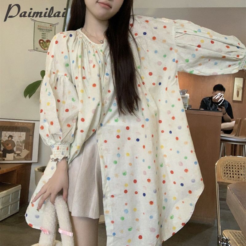 เสื้อเชิ้ตกระดุมแถวเดียวลายจุดสีสันสดใสสําหรับผู้หญิงเสื้อหลวมและลดอายุเสื้อแขนยาว