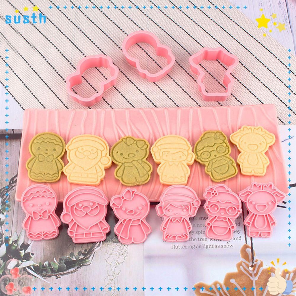 Susth เครื่องตัดคุกกี้ 6 ชิ้น Plunger พลาสติกการ์ตูน Fondant เค้กซานตาคลอส Mould