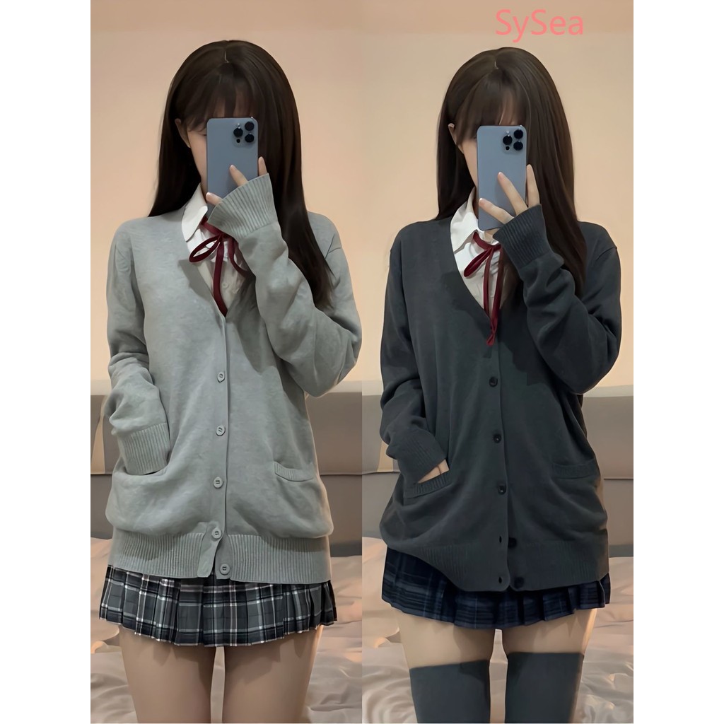 ฤดูใบไม้ร่วงของผู้หญิง Jk Preppy สไตล์ถักเสื้อกันหนาวคอวีหลวม ราคา ถูกที่สุด ดีลบีเคเค แกลเลอรีภาพที่ 2