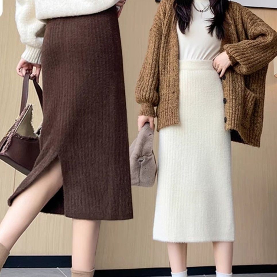 กระโปรงผู้หญิงมิงค์ถักใหม่เอวสูงบางกระเป๋าสะโพกยาวขั้นตอนเดียว