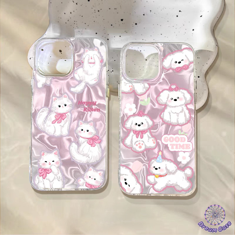 คู่การ์ตูนลูกแมวน่ารักดอกไม้ลูกสุนัขนุ่ม เคส IPhone 11 15 XR 16 13 12 14 Pro Max 7Plus X XS Max 14 15 8 6s 16 Plus SE