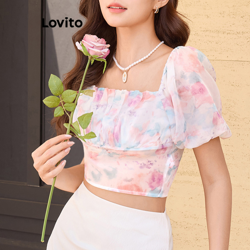 Lovito เสื้อเบลาส์ลายเพ้นท์มือสุดหรูหราสำหรับผู้หญิง L104ED623