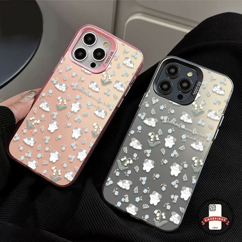 เต็มหน้าจอการ์ตูนลูกสุนัขน่ารักดอกไม้นุ่ม เคส IPhone XR 7Plus 16 11 13 15 14 12 Pro Max 15 7 8 16 14 Plus X XS Max SE
