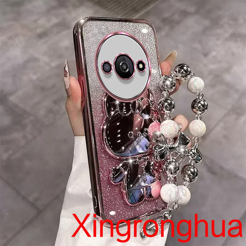 เคสโทรศัพท์สําหรับredmi A3 A1 A2 Plus 13C 12C 10C 10 10A 9C Redmi 12 หรูหราElectroplatingกระต่ายน่ารักแต่งหน้าMirrorโปร่งใสGlitterเคสโทรศัพท์พร้อมสร้อยข้อมือlanyard