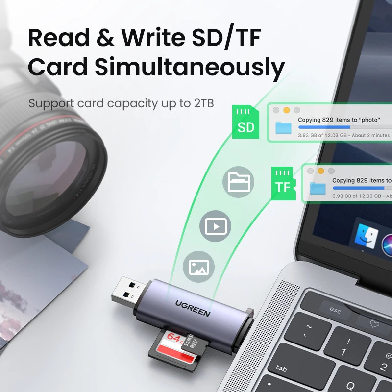Ugreen เครื่องอ่านการ์ด USB 3.0 และ Type C ถึง SD เครื่องอ่านการ์ด Micro SD TF สําหรับเครื่องอ่านการ์ดหน่วยความจําคอมพิวเตอร์